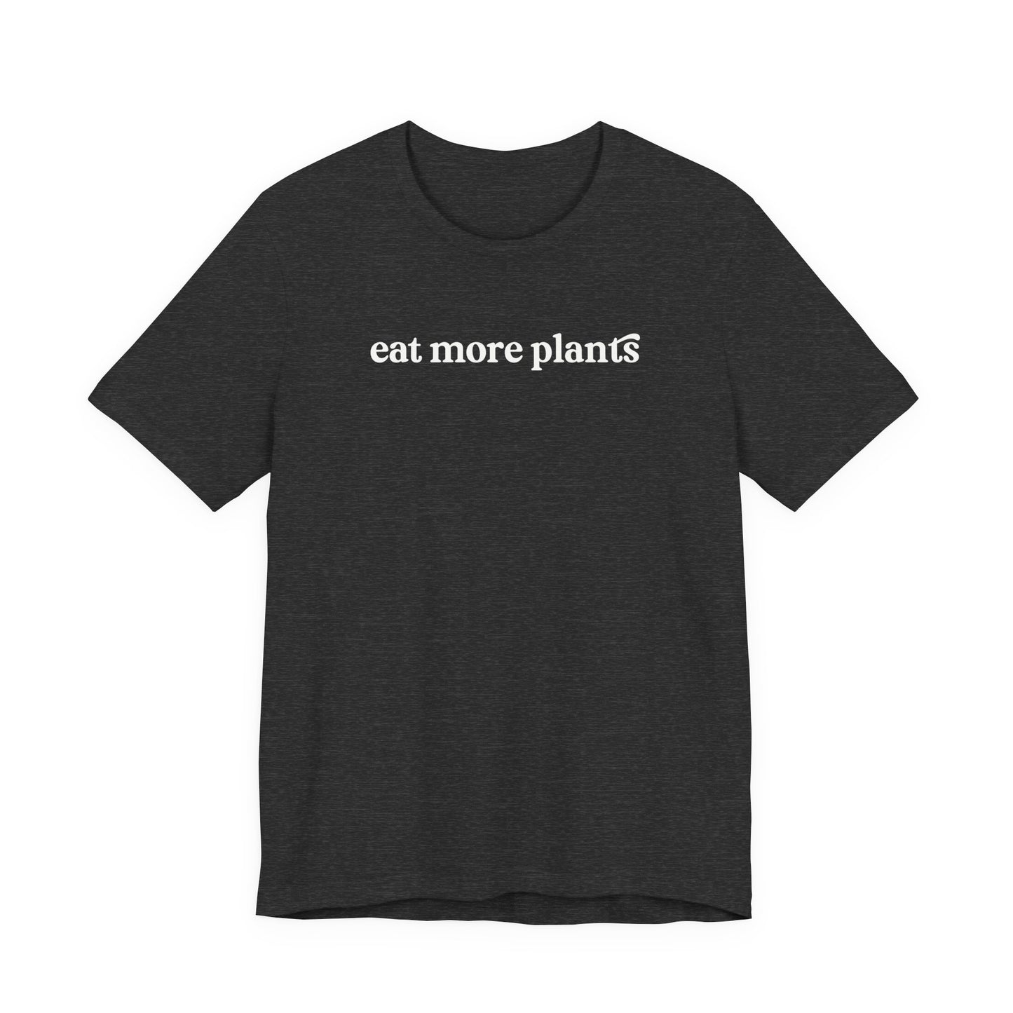 Black t-shirt with 'eat more plants' text on a white background