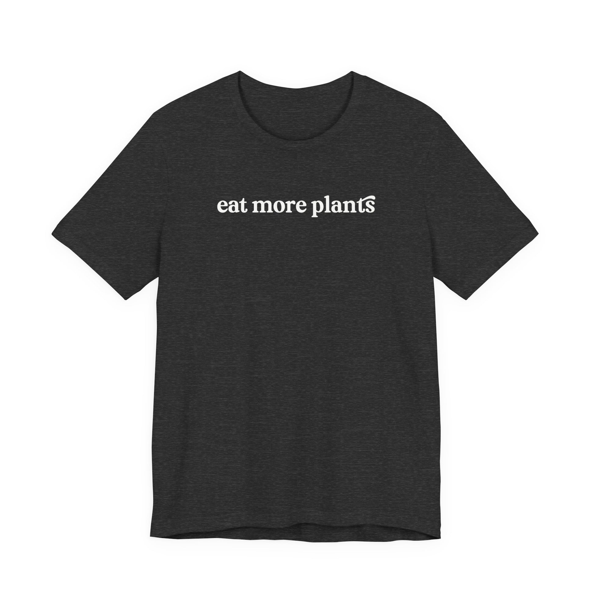 Black t-shirt with 'eat more plants' text on a white background