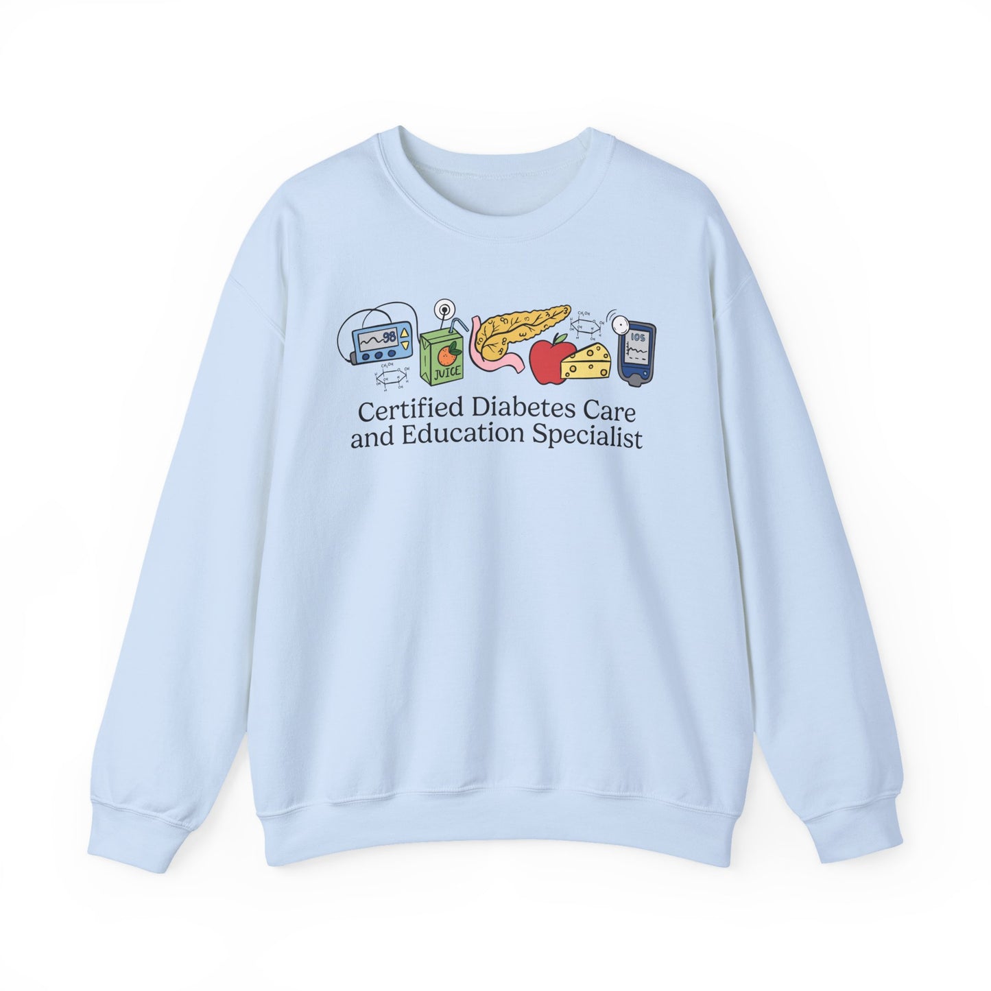 Light blue sweatshirt with diabetes care doodles and text on a white background