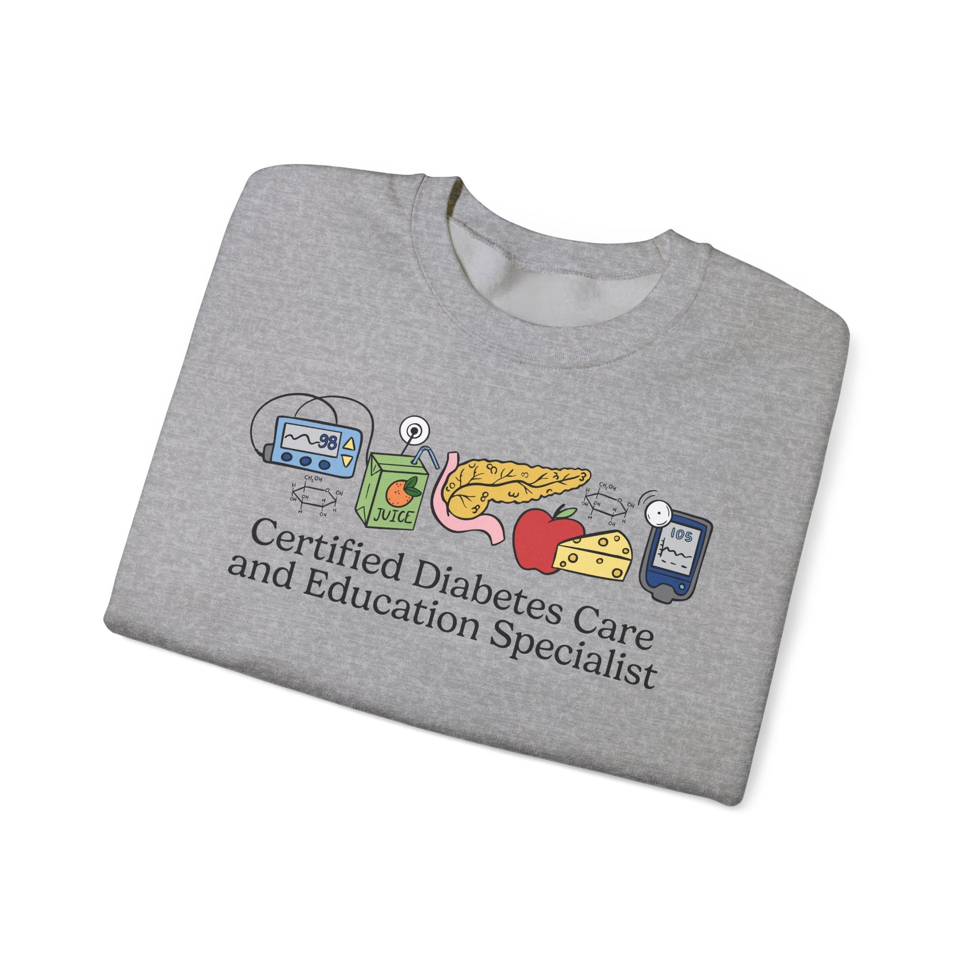 Gray sweatshirt with diabetes care doodles and text on a white background