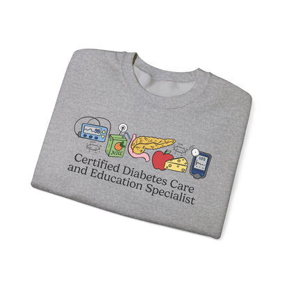 Gray sweatshirt with diabetes care doodles and text on a white background