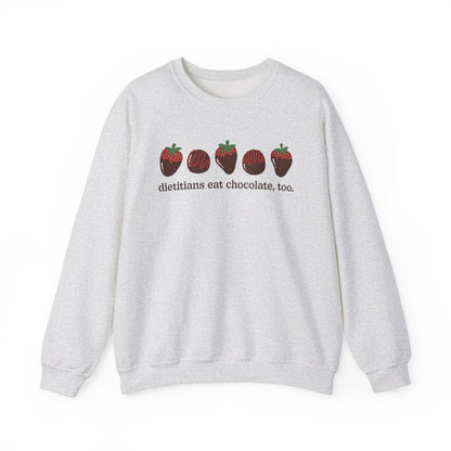 Ash gray sweatshirt with chocolate covered strawberries and truffles with the text "dietitians eat chocolate, too."