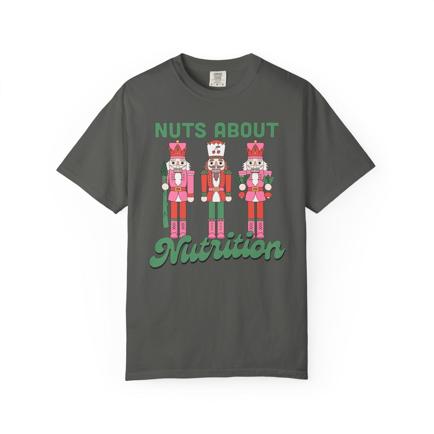 Dark gray t-shirt with nutcracker design and 'Nuts About Nutrition' text on a white background