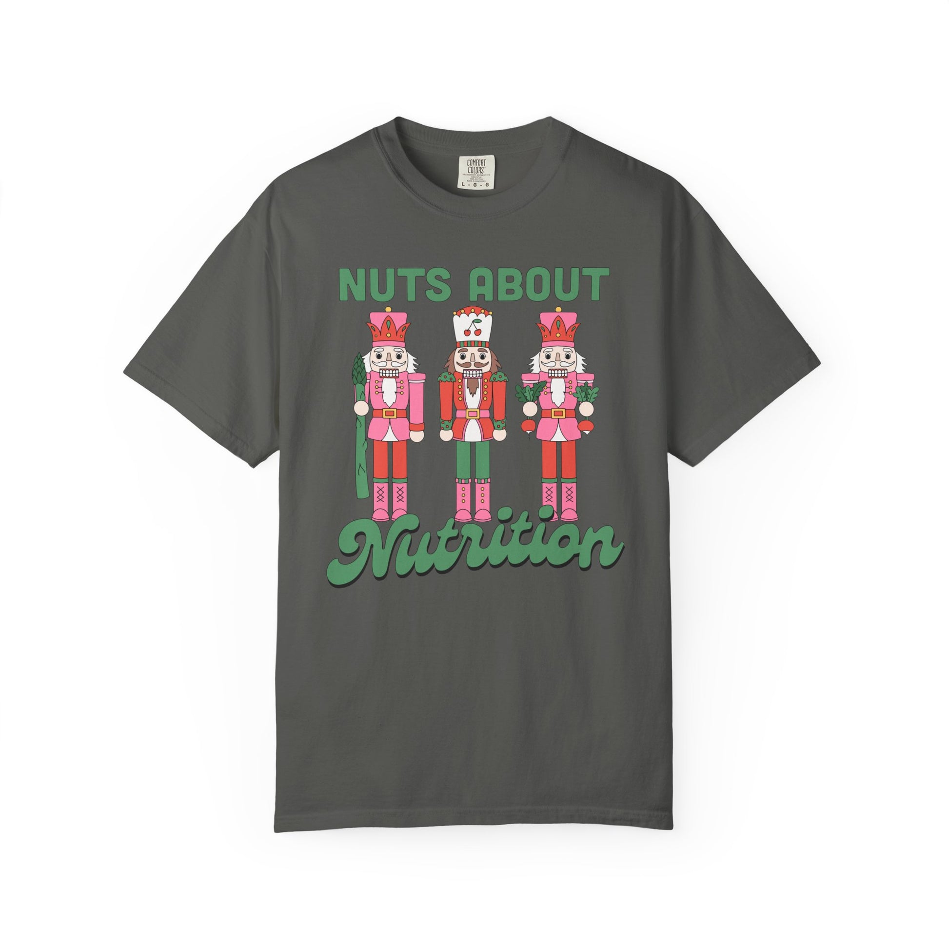 Dark gray t-shirt with nutcracker design and 'Nuts About Nutrition' text on a white background