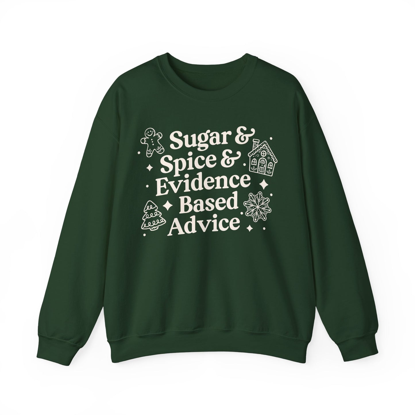 Green sweatshirt with white text and graphics on a white background