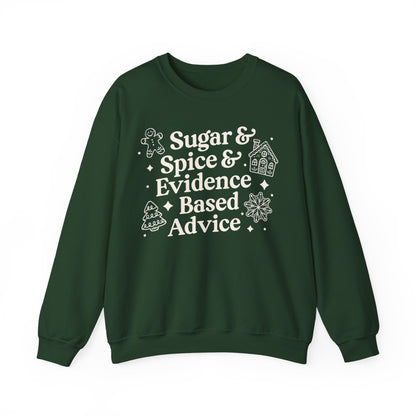 Green sweatshirt with white text and graphics on a white background