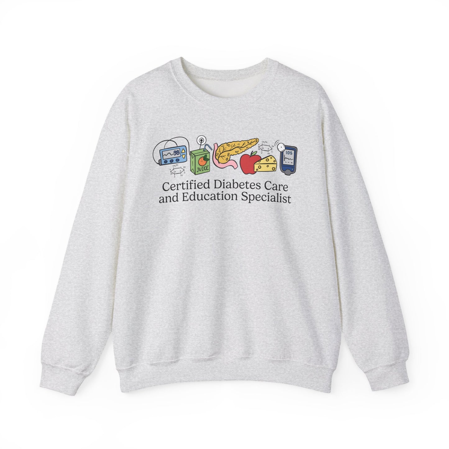 Gray sweatshirt with diabetes care doodles and text on a white background