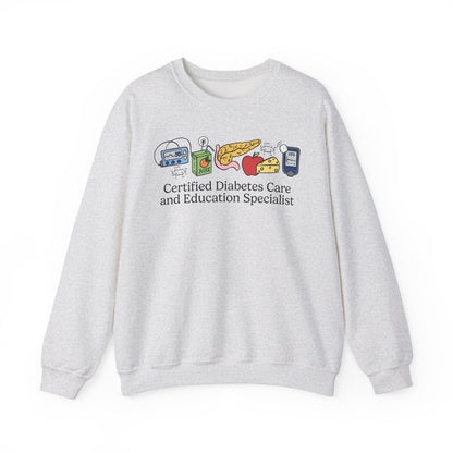 Gray sweatshirt with diabetes care doodles and text on a white background