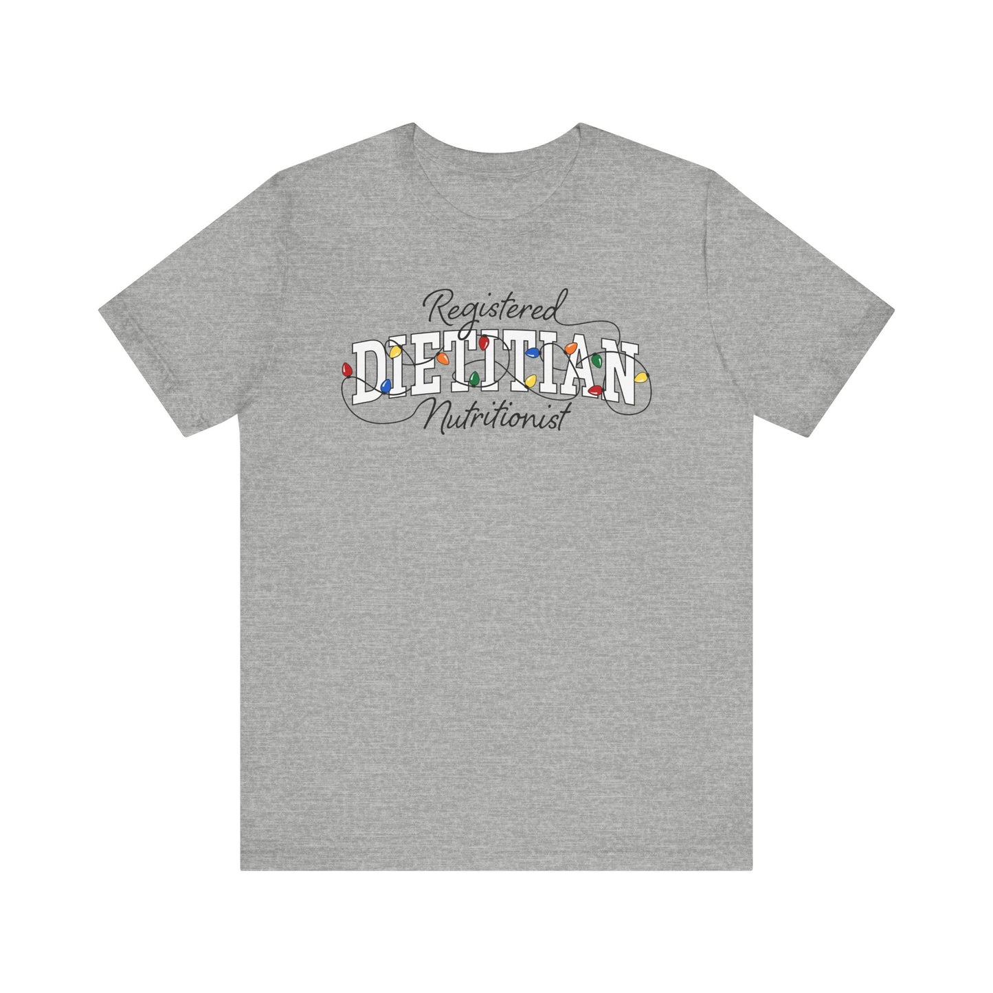 Heather gray tshirt with Registered Dietitian Nutrition text tangled in Christmas lights