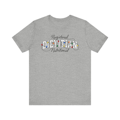 Heather gray tshirt with Registered Dietitian Nutrition text tangled in Christmas lights