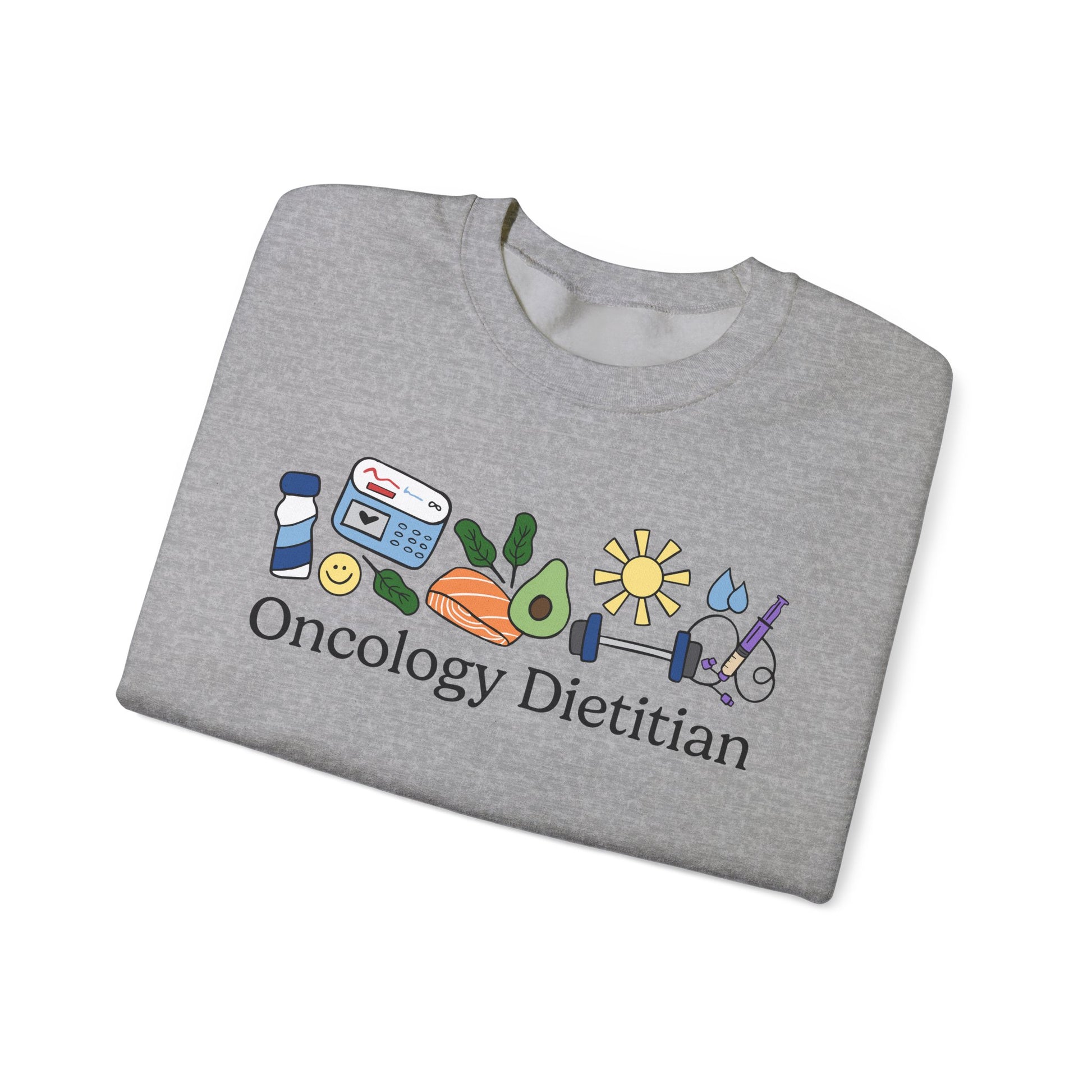 Gray sweatshirt with 'Oncology Dietitian' text and doodles