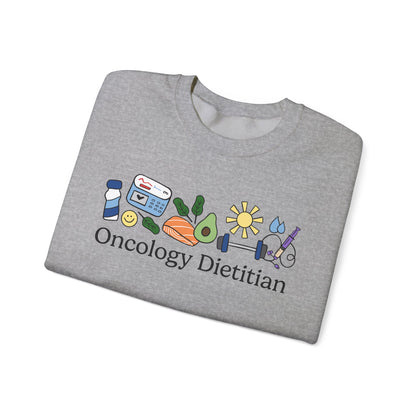 Gray sweatshirt with 'Oncology Dietitian' text and doodles