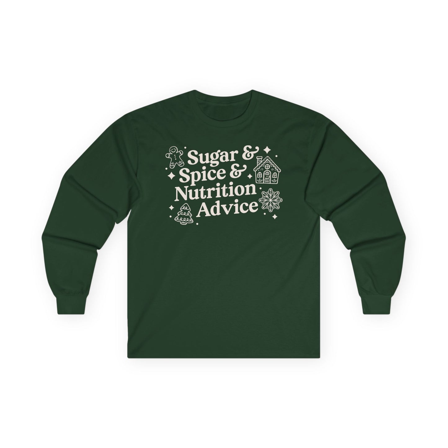 Green long-sleeve shirt with white text and graphics on a white background