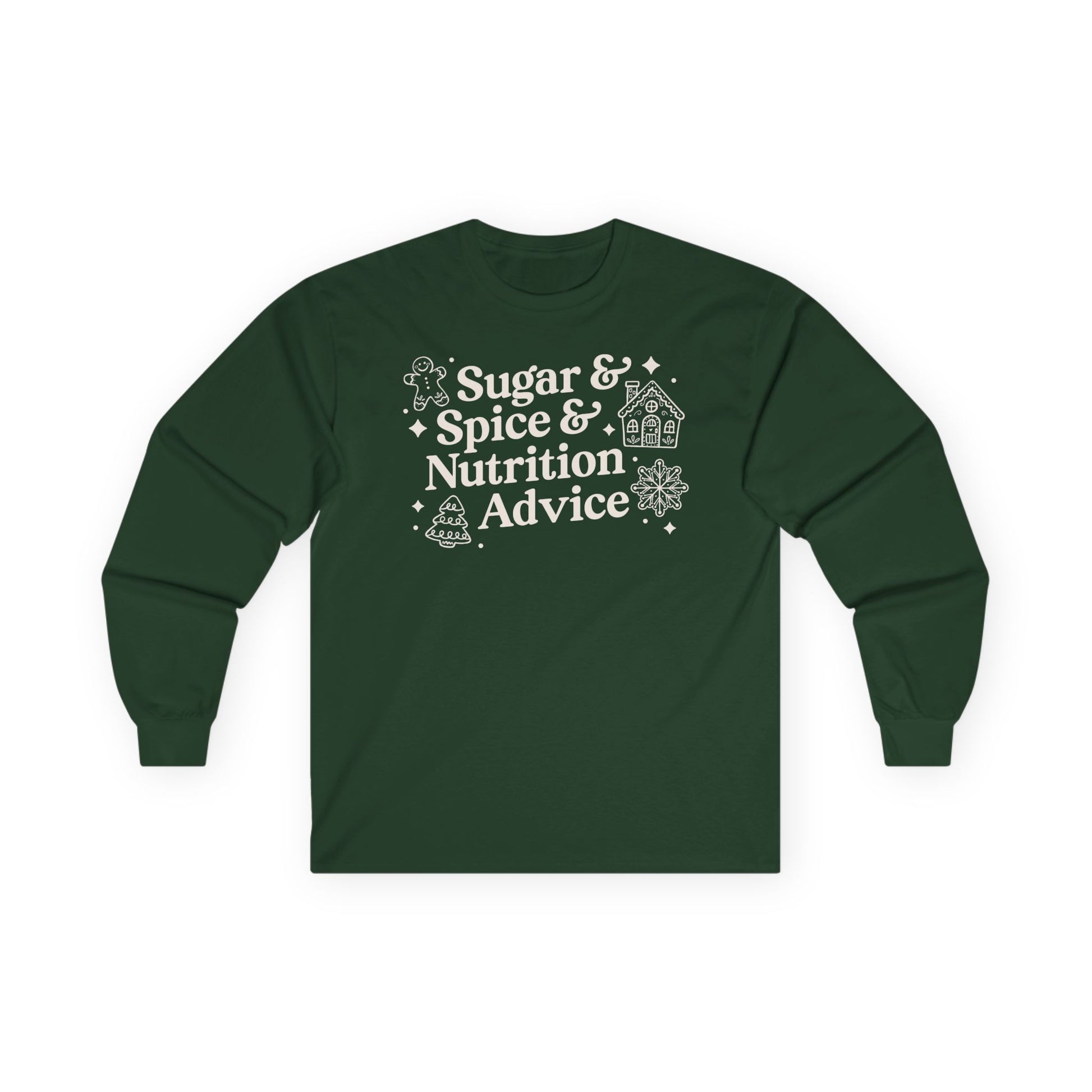 Green long-sleeve shirt with white text and graphics on a white background