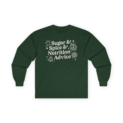 Green long-sleeve shirt with white text and graphics on a white background