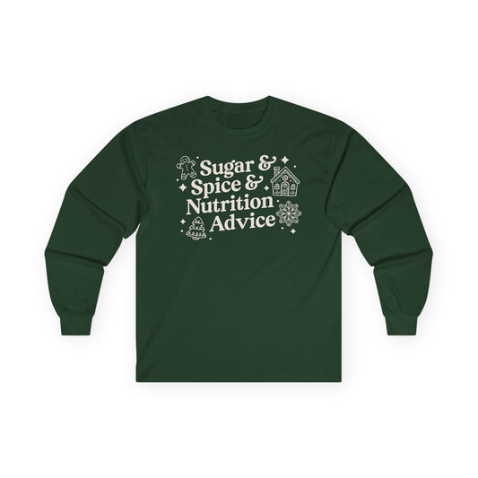 Green long-sleeve shirt with white text and graphics on a white background