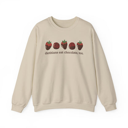 Sand sweatshirt with chocolate covered strawberries and truffles with the text "dietitians eat chocolate, too."