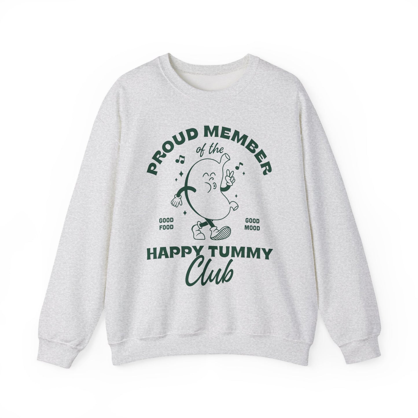 Gray sweatshirt with 'Proud Member of the Happy Tummy Club' text and graphic on a white background