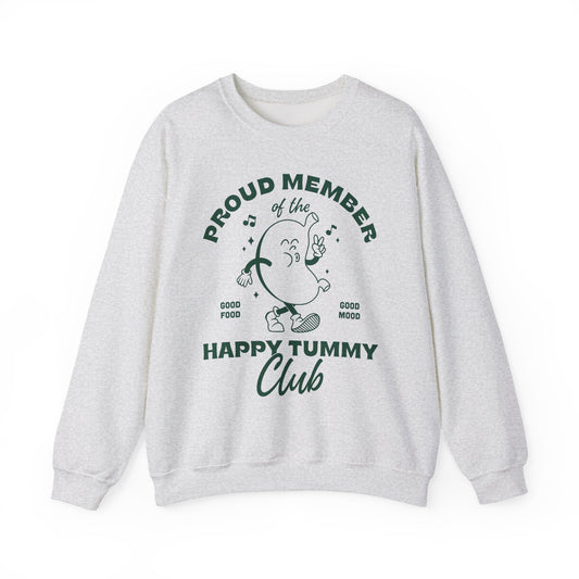 Gray sweatshirt with 'Proud Member of the Happy Tummy Club' text and graphic on a white background
