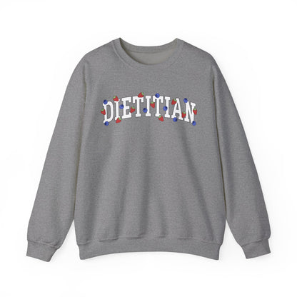 Gray sweatshirt with 'DIETITIAN' text in white with strawberries and blueberries sprinkled throughout letters