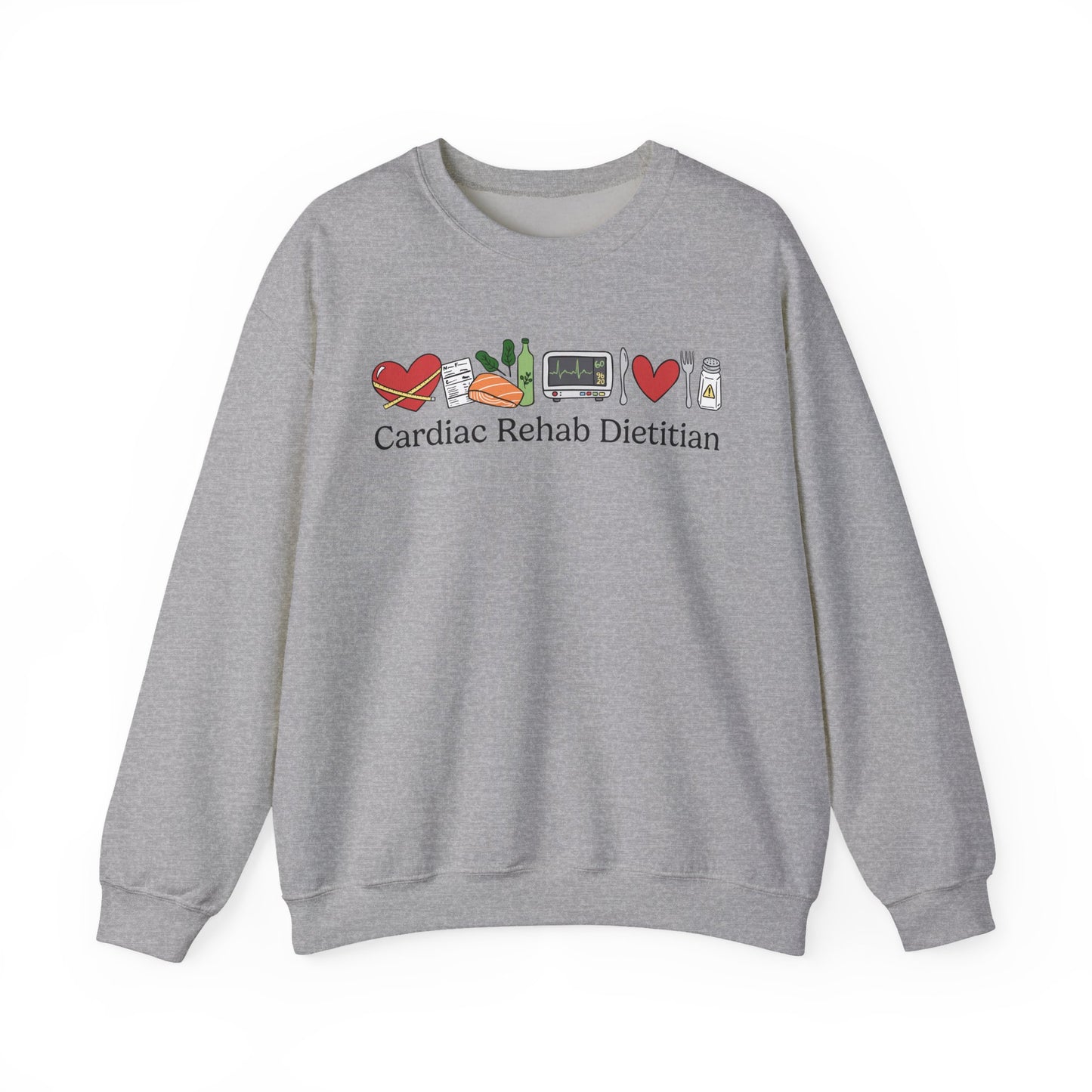 Gray sweatshirt with 'Cardiac Rehab Dietitian' text and doodled icons