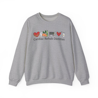 Gray sweatshirt with 'Cardiac Rehab Dietitian' text and doodled icons