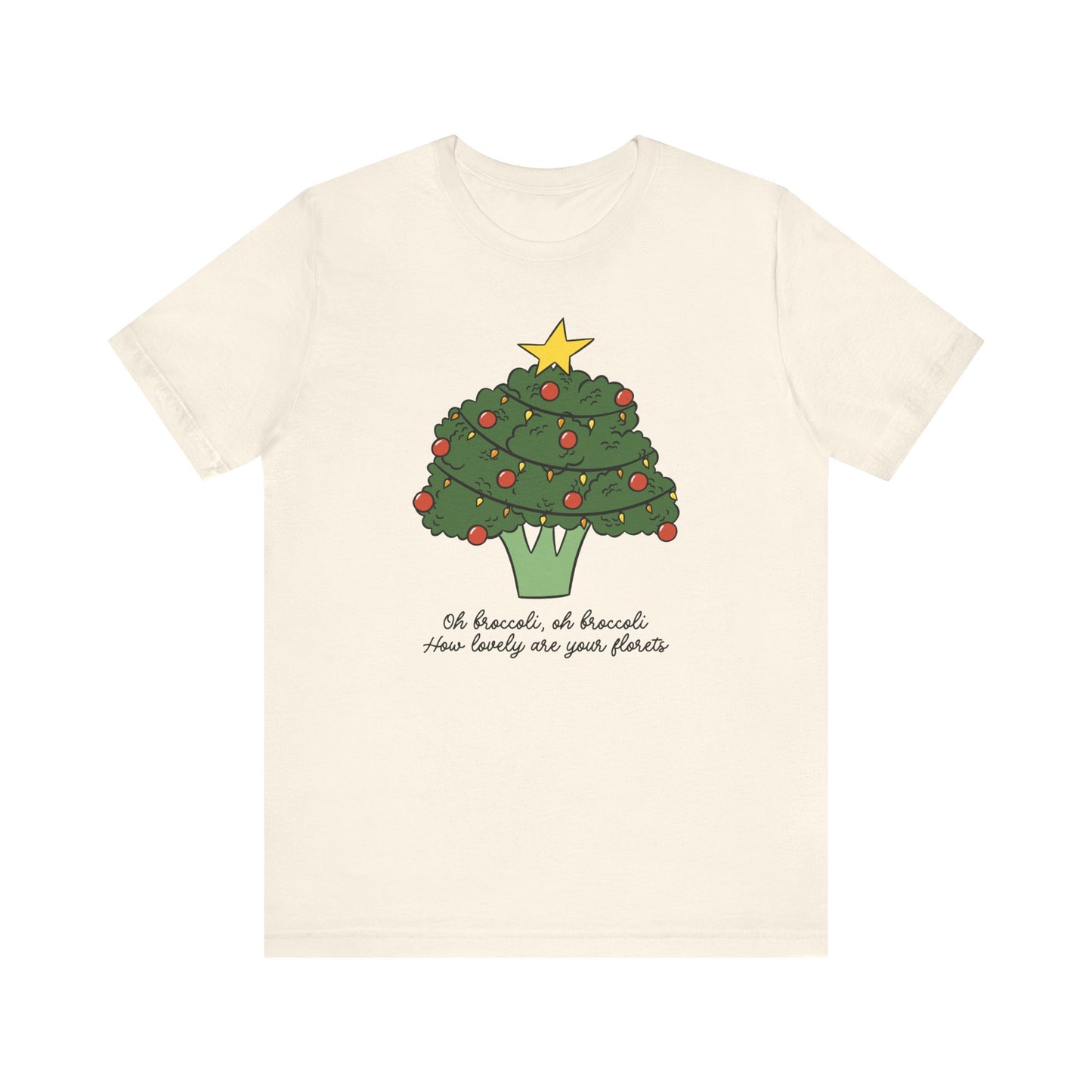 Cream t-shirt with a broccoli Christmas tree design on a white background