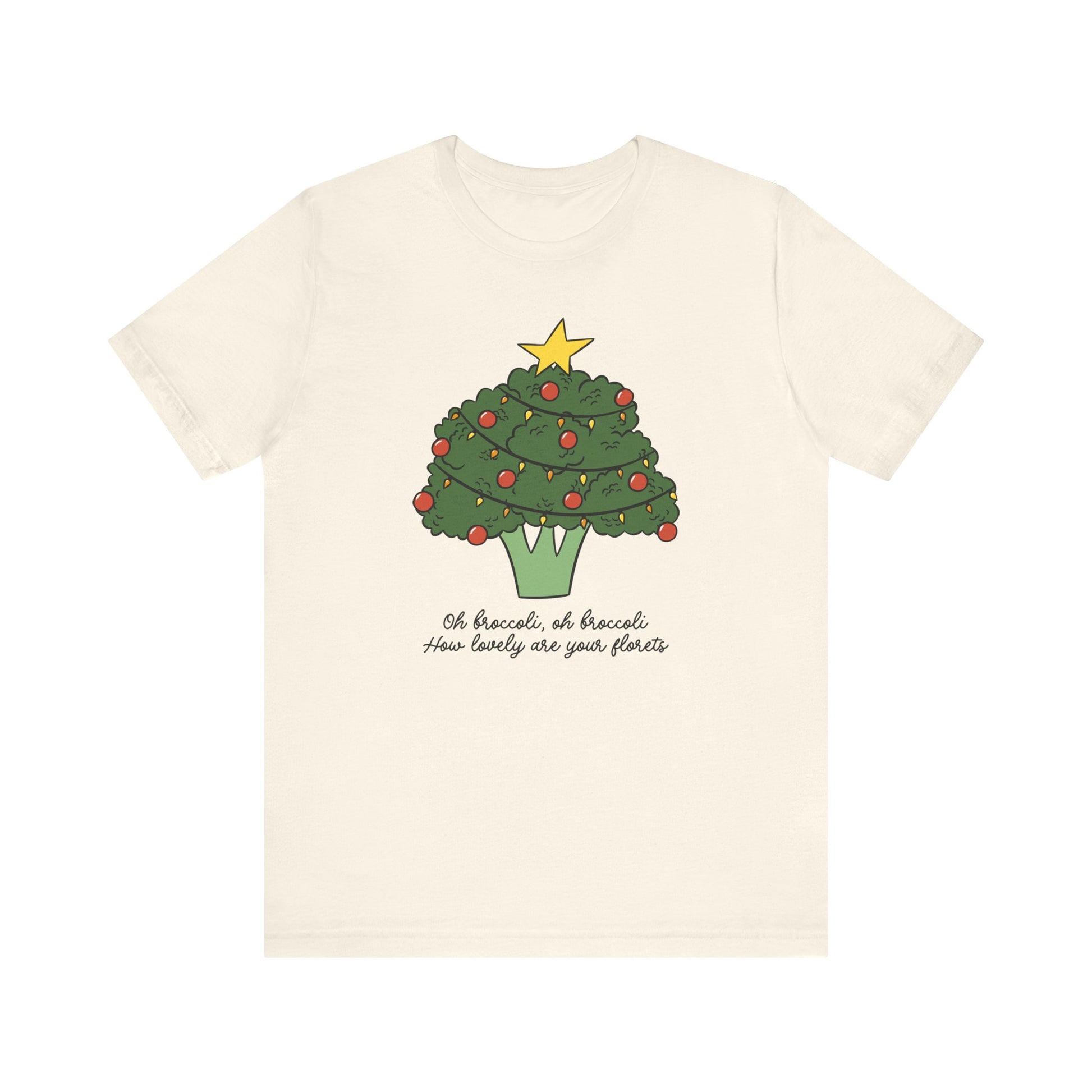 Cream t-shirt with a broccoli Christmas tree design on a white background