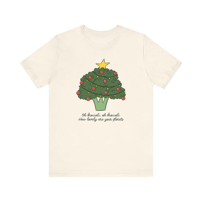 Cream t-shirt with a broccoli Christmas tree design on a white background