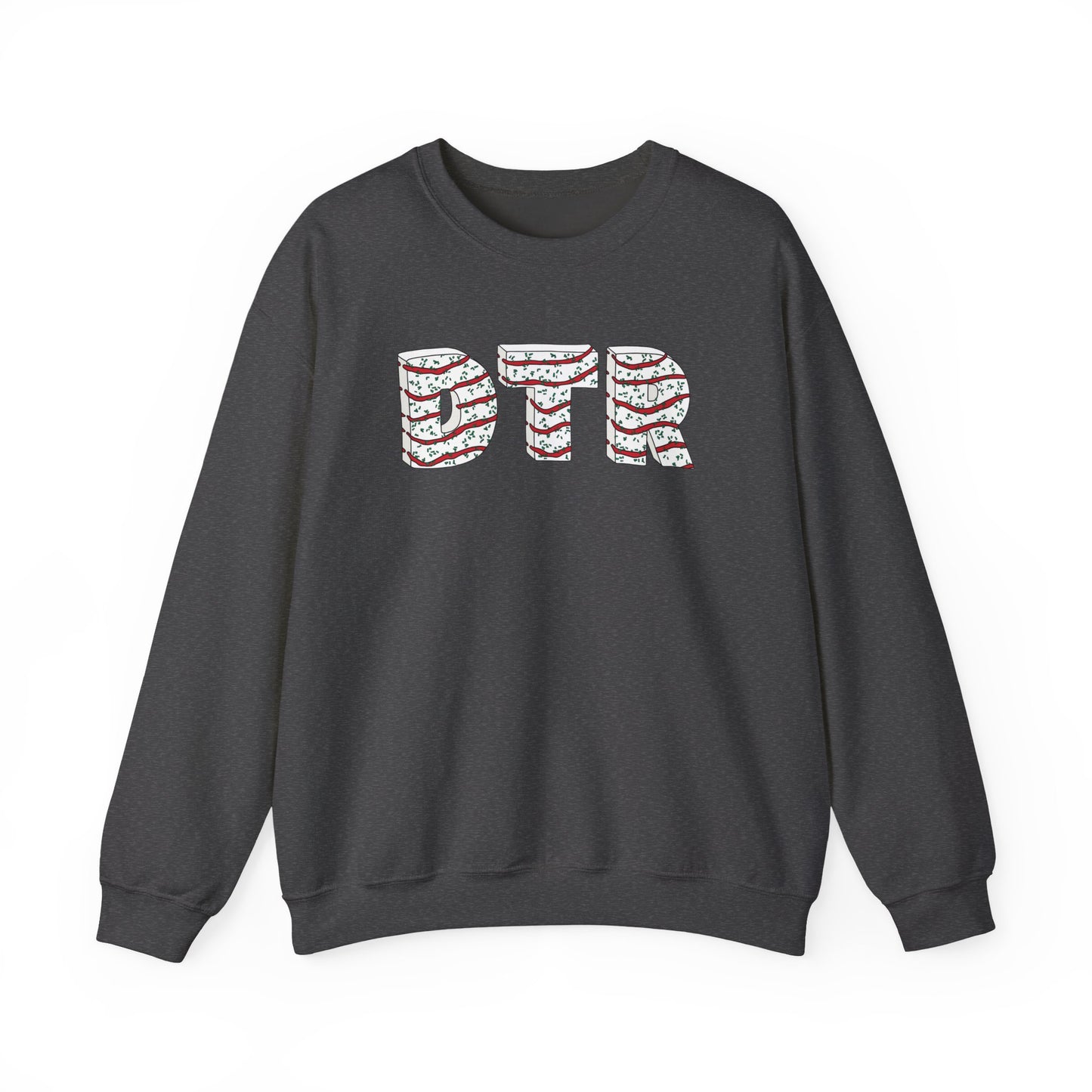 Charcoal sweatshirt with 'DTR' text on a white background