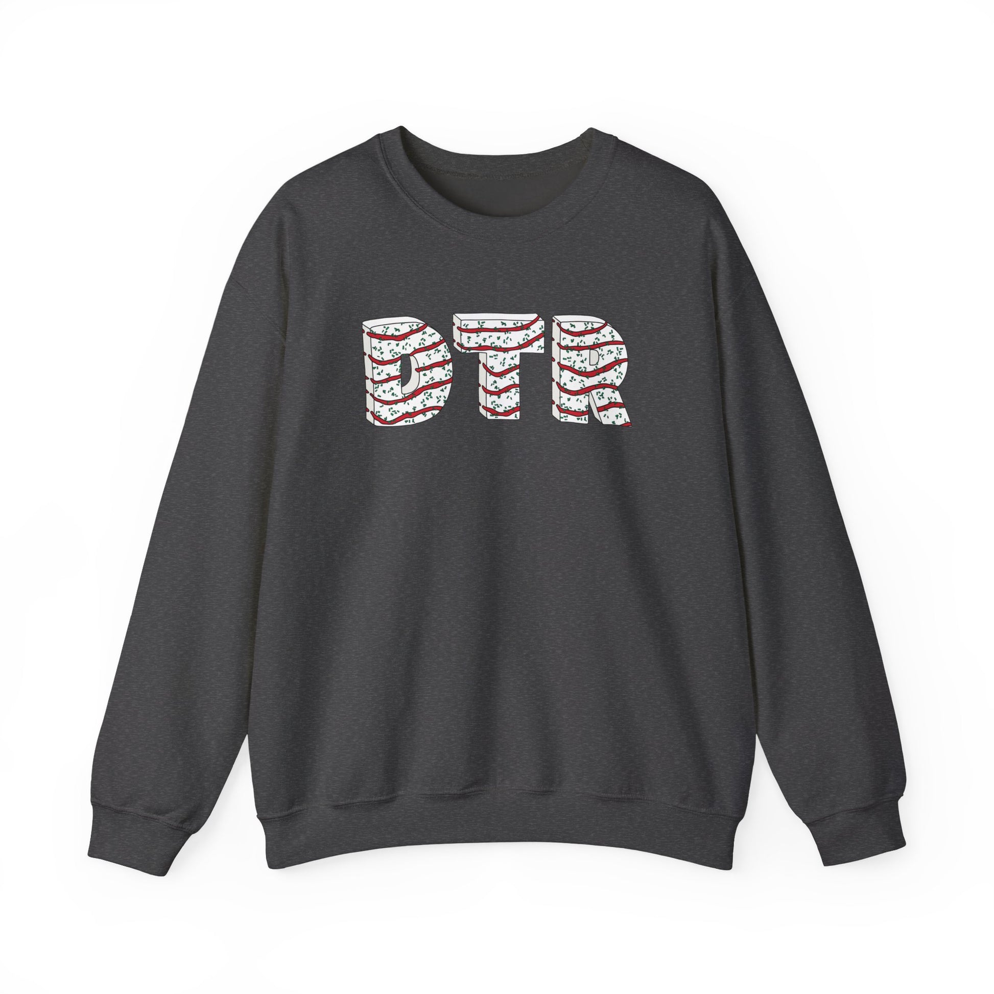 Charcoal sweatshirt with 'DTR' text on a white background