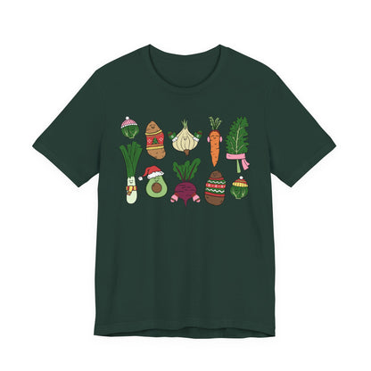 Dark green t-shirt with cartoon vegetable illustrations on a white background