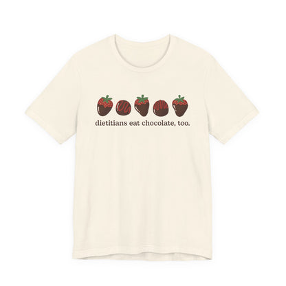 Off-white tshirt with chocolate covered strawberries and truffles with the text "dietitians eat chocolate, too."