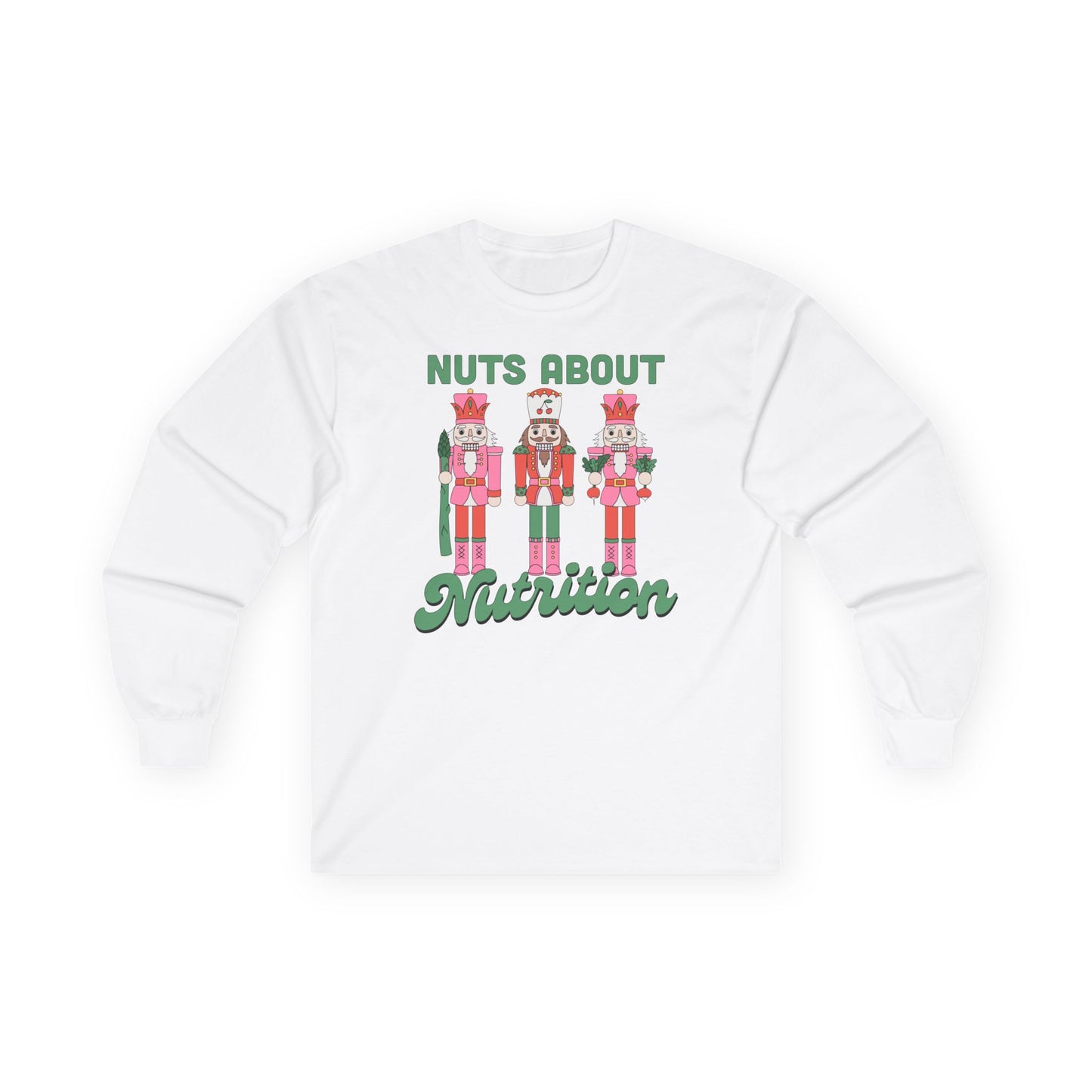 White long sleeve tshirt with nutcracker design and 'Nuts About Nutrition' text on a white background