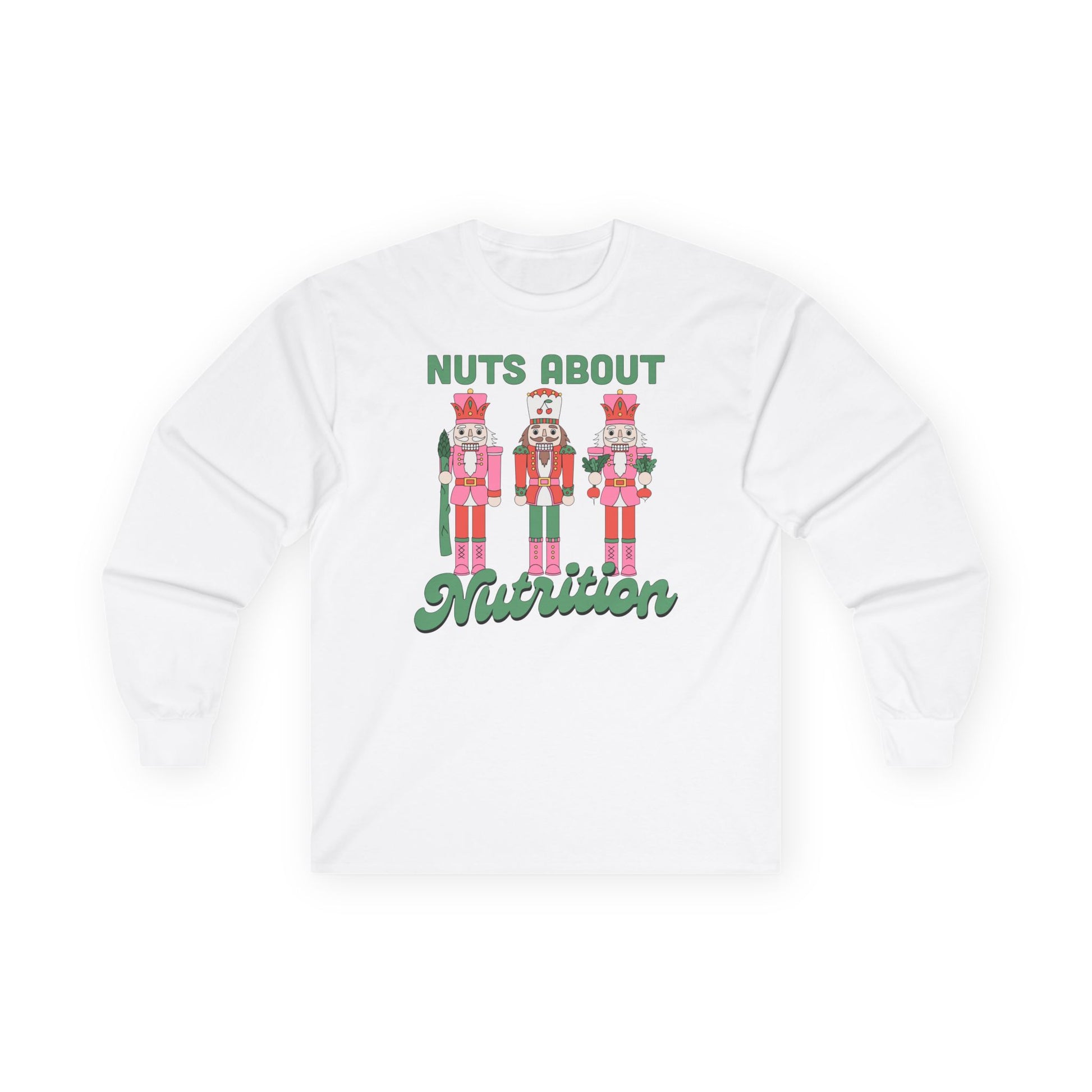 White long sleeve tshirt with nutcracker design and 'Nuts About Nutrition' text on a white background
