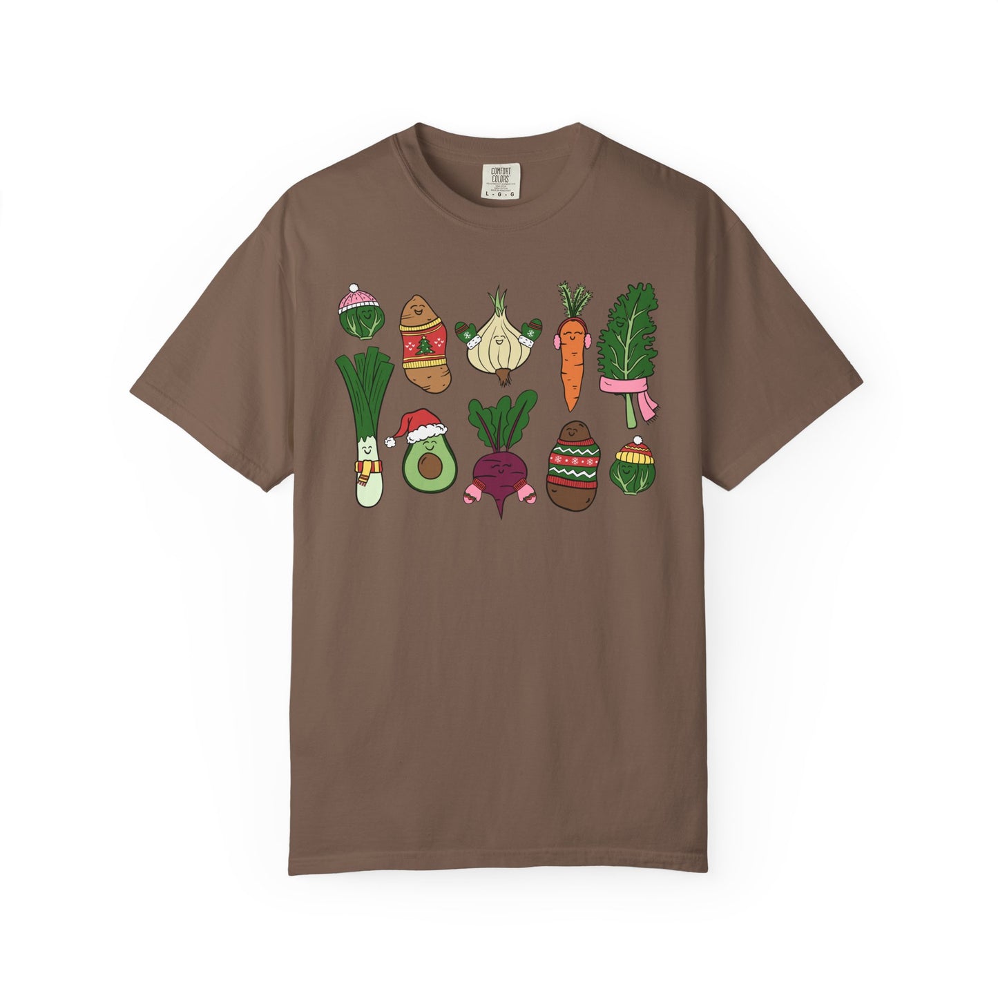 Brown t-shirt with colorful vegetable graphics on a white background