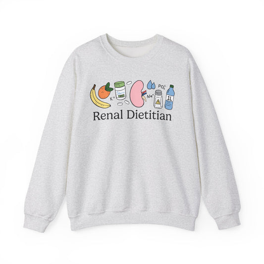 Gray sweatshirt with renal themed doodles and text 'Renal Dietitian'