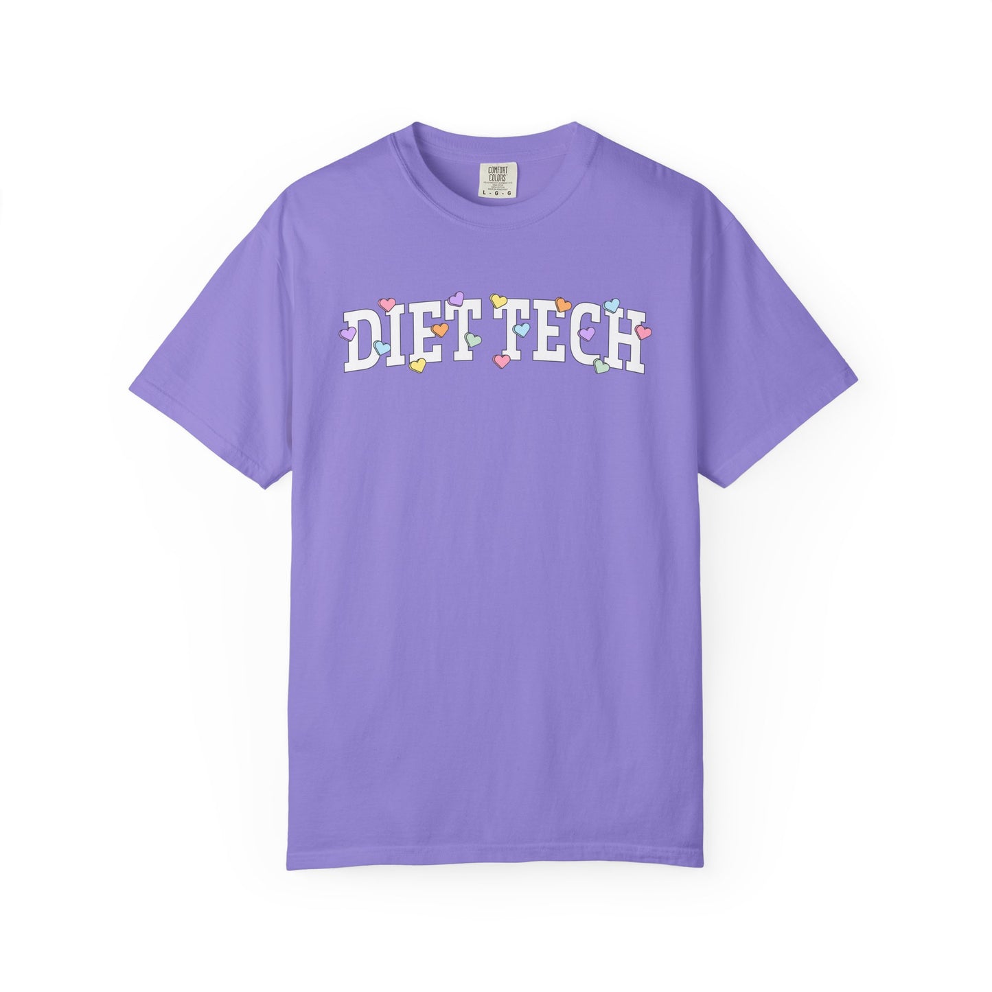 Violet tshirt with arched "DIET TECH" text in white with multi-colored heart shaped Valentine candy sprinkled throughout the letters