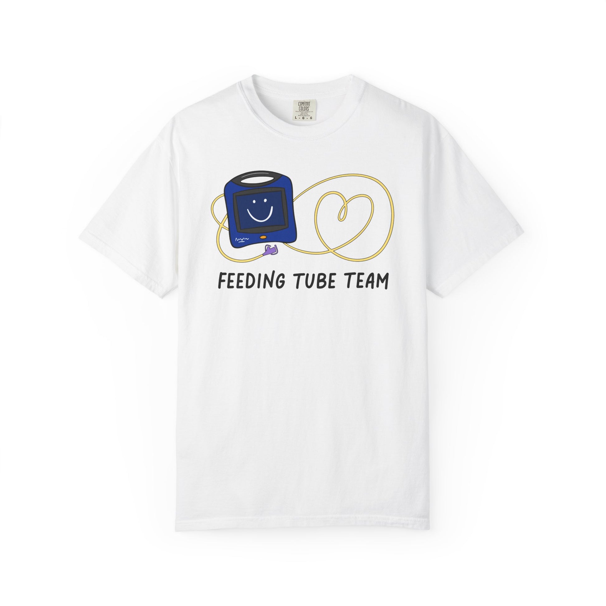 White tshirt with Cortrak device and NG tube with the text "feeding tube team"