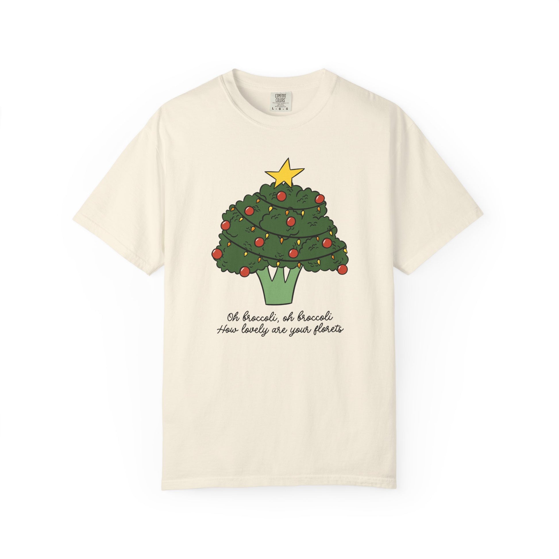 Ivory t-shirt with a broccoli Christmas tree design on a white background