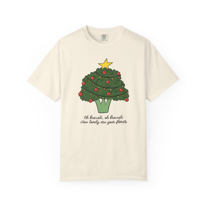 Ivory t-shirt with a broccoli Christmas tree design on a white background