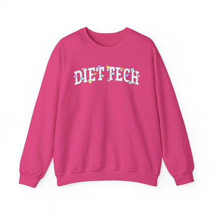 Deep pink sweatshirt with arched "DIET TECH" text in white with multi-colored heart shaped Valentine candy sprinkled throughout the letters