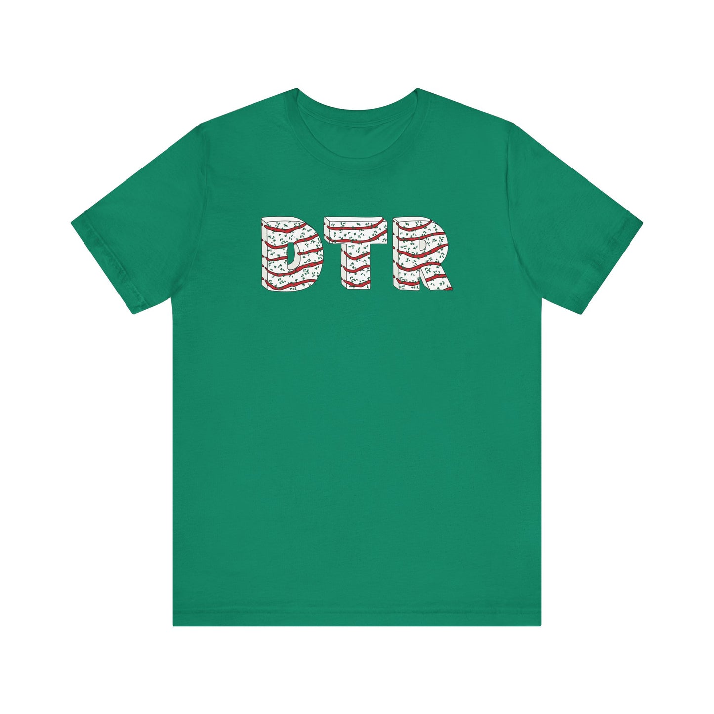 Green t-shirt with 'DTR' printed in red and white on a white background
