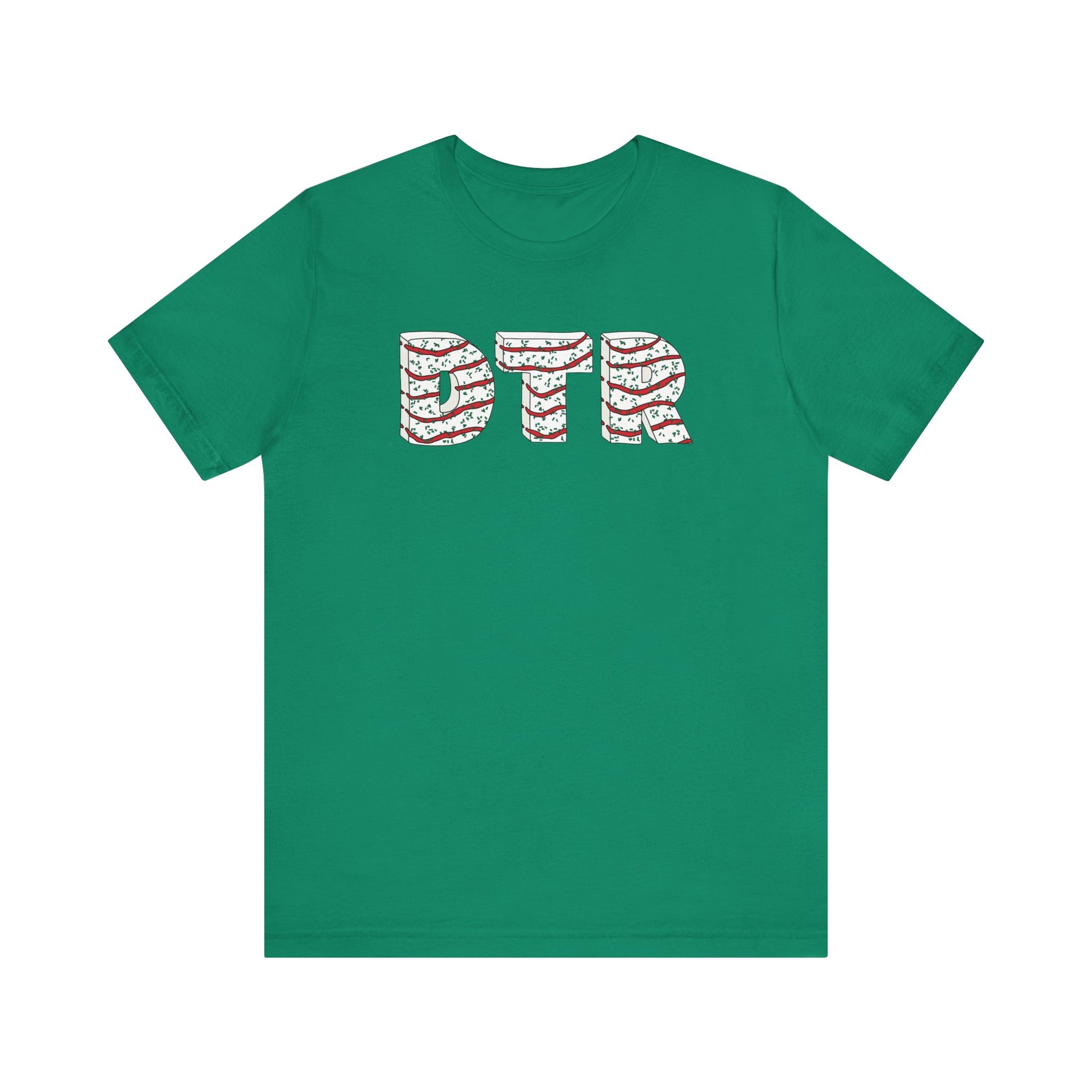 Green t-shirt with 'DTR' printed in red and white on a white background
