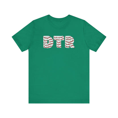 Green t-shirt with 'DTR' printed in red and white on a white background