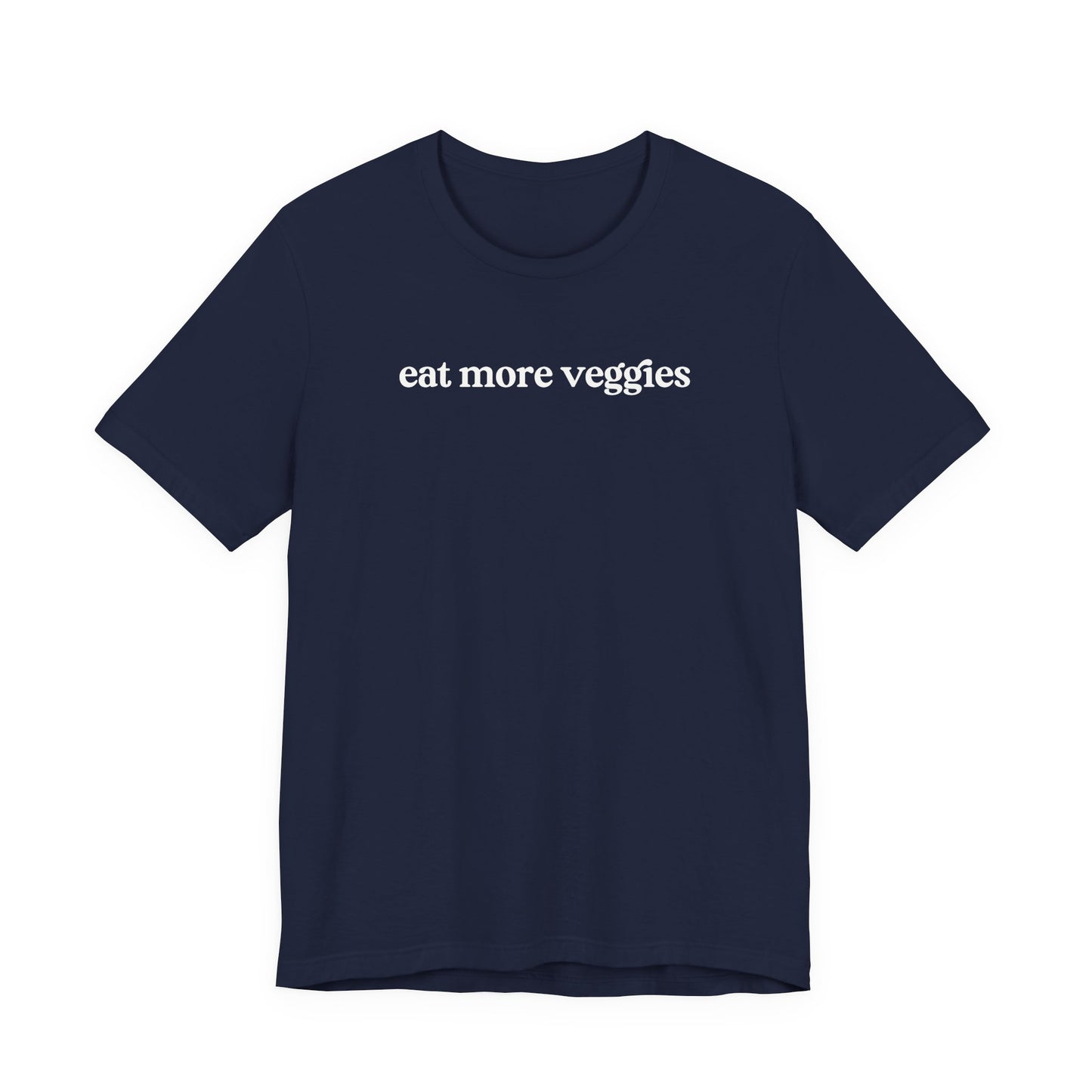 Navy blue t-shirt with 'eat more veggies' text on a white background