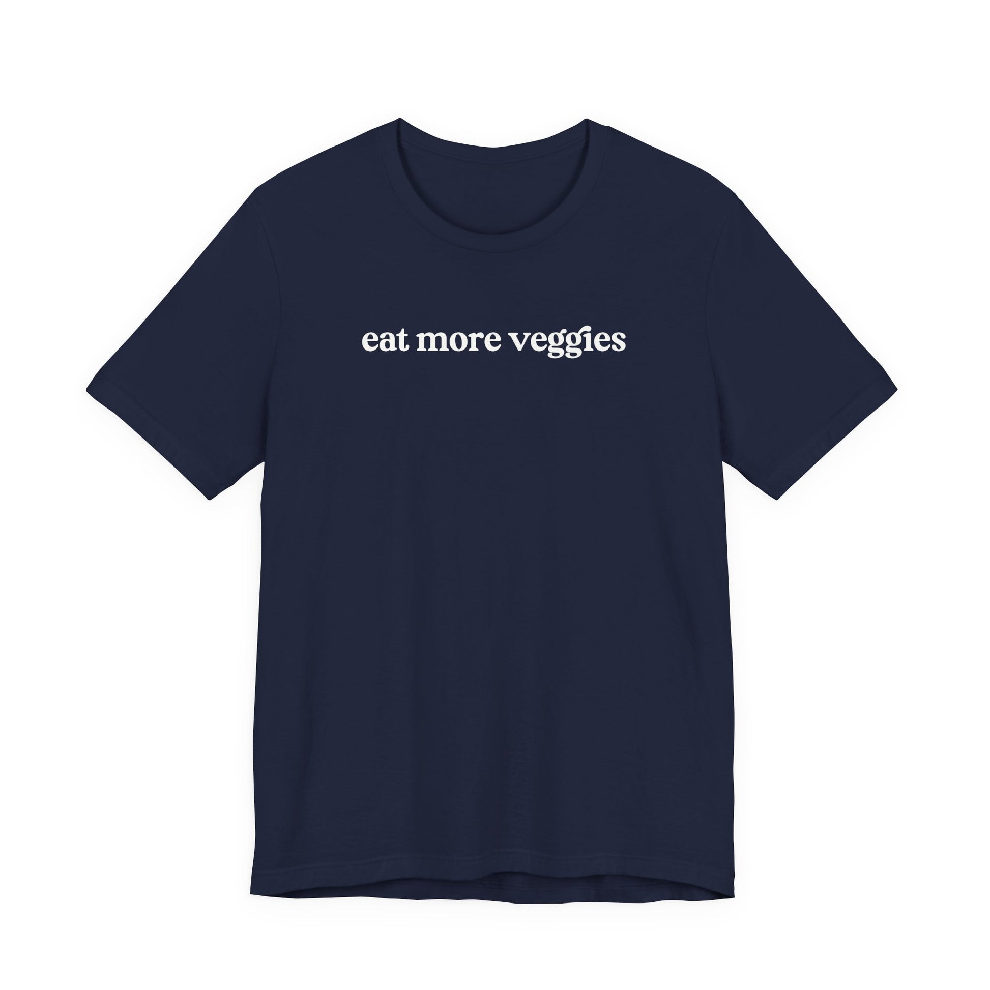 Navy blue t-shirt with 'eat more veggies' text on a white background