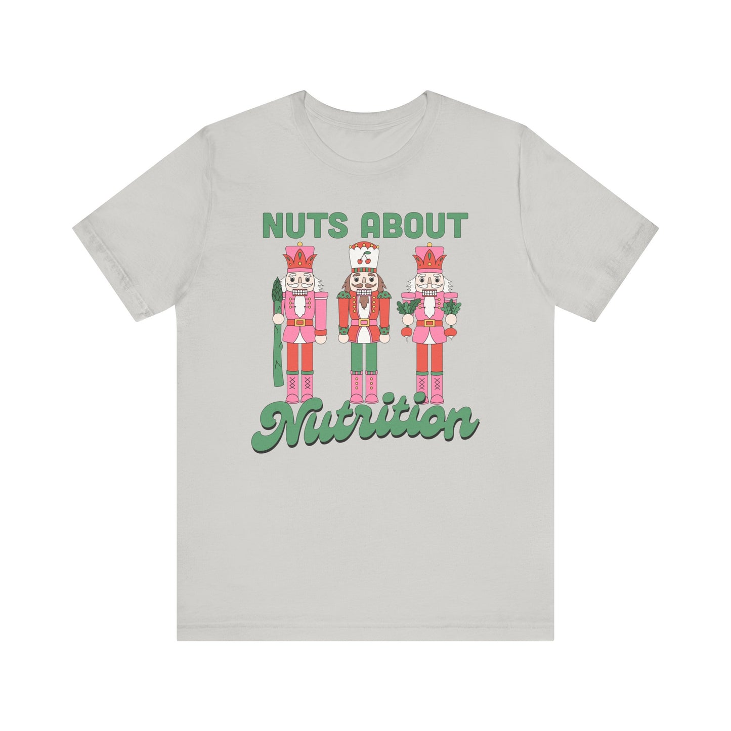 Light gray t-shirt with nutcracker design and 'Nuts About Nutrition' text on a white background