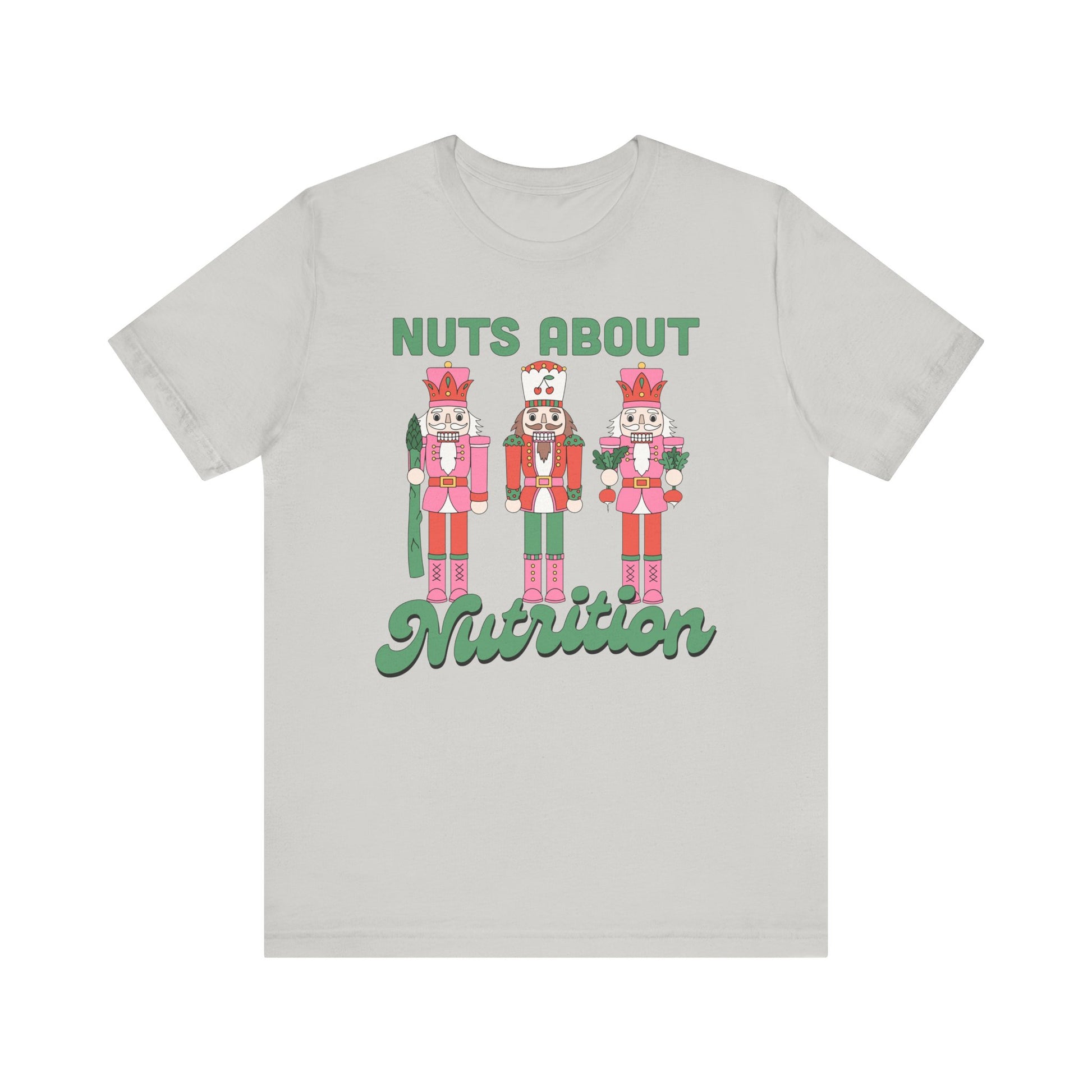 Light gray t-shirt with nutcracker design and 'Nuts About Nutrition' text on a white background