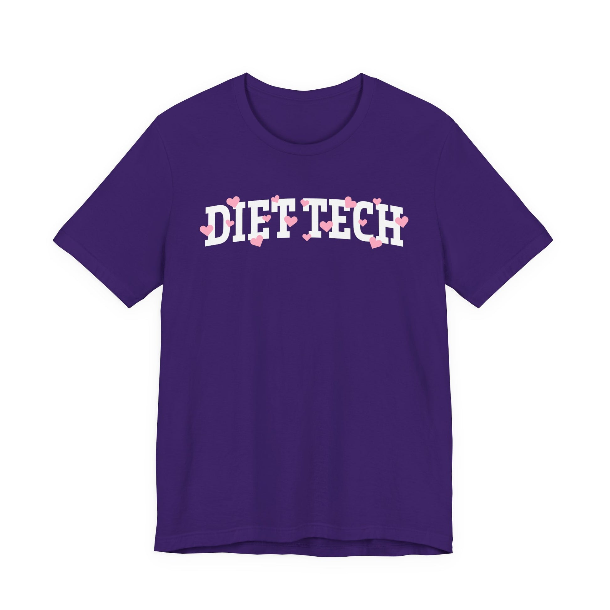 Purple tshirt with arched "DIET TECH" text in white with pink hearts sprinkled throughout the letters